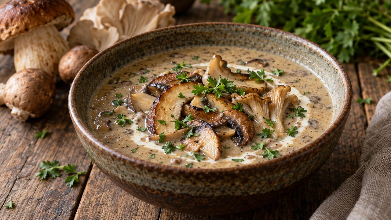 Jägersüppchen Hunter's Mushroom Soup, plated and ready to serve