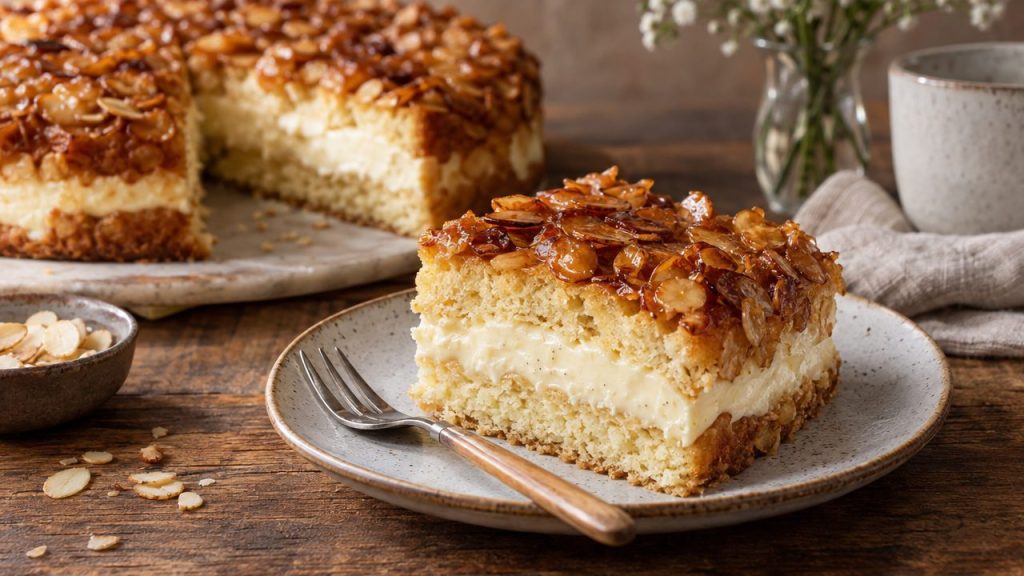 Keto Bienenstich Bee Sting Cake, plated and ready to serve