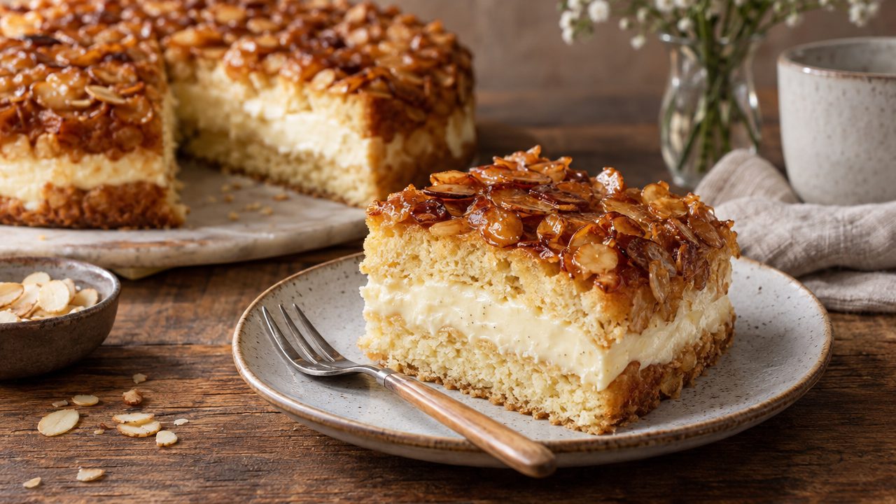 Keto Bienenstich Bee Sting Cake, plated and ready to serve