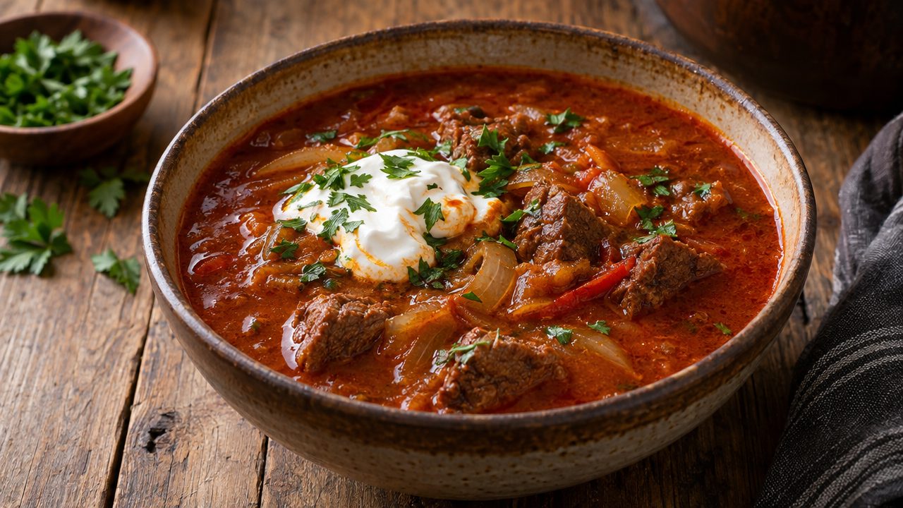 Keto Gulaschsuppe, plated and ready to serve