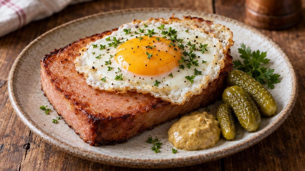 Keto Leberkäse with Fried Egg, plated and ready to serve