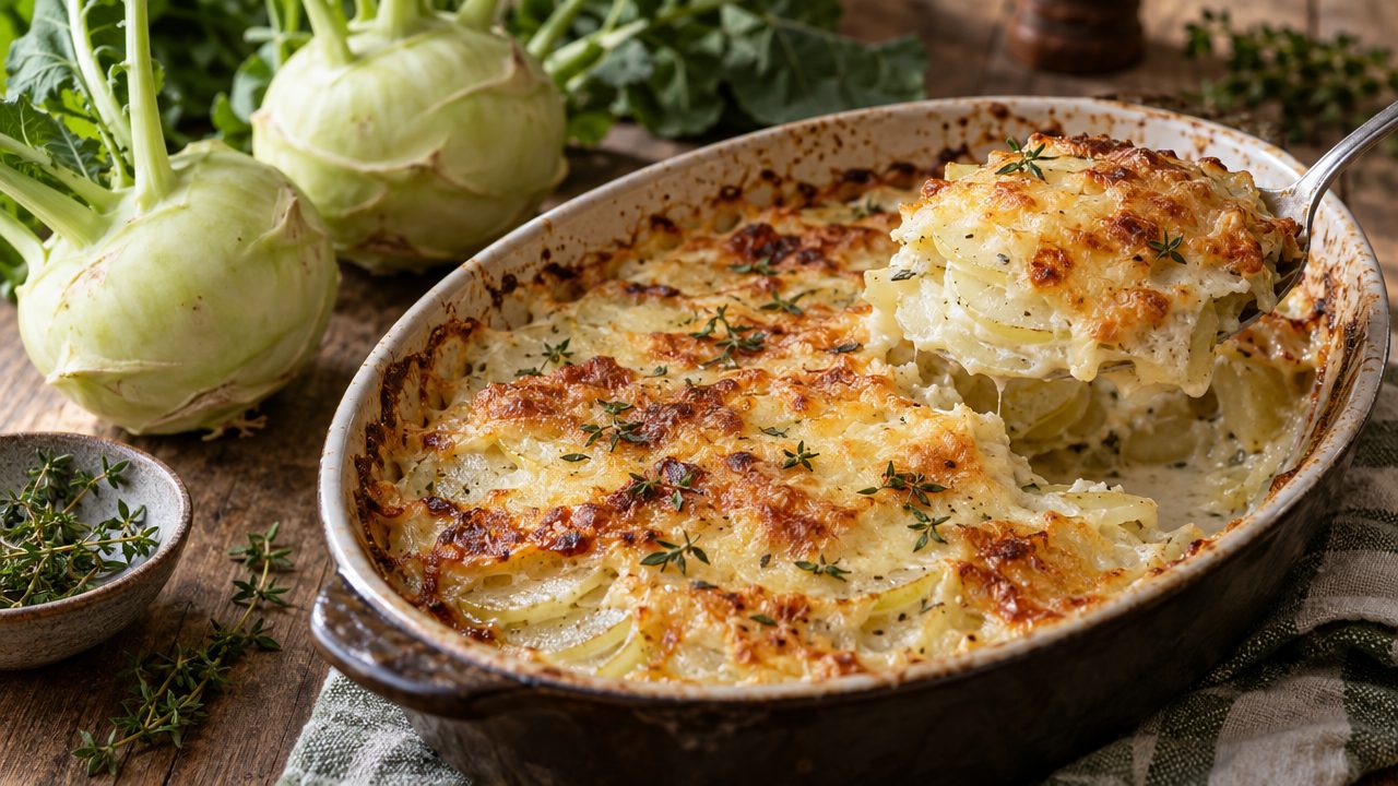 Kohlrabi & Gruyère Gratin, plated and ready to serve