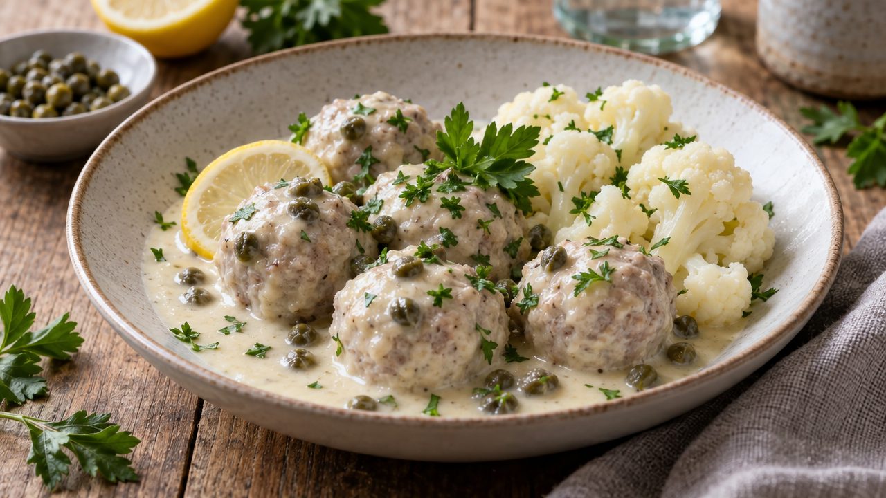 Königsberger Klopse Meatballs in Caper Cream, plated and ready to serve