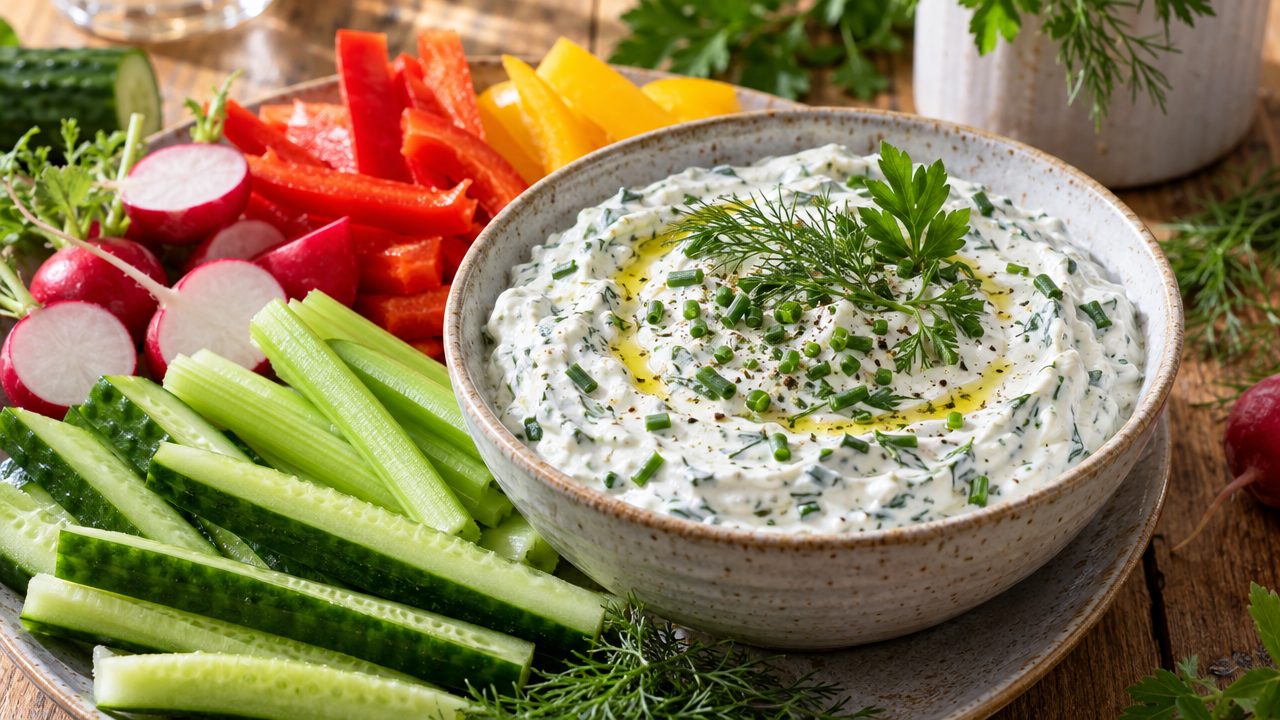 Kräuterquark Herb Quark Dip, plated and ready to serve