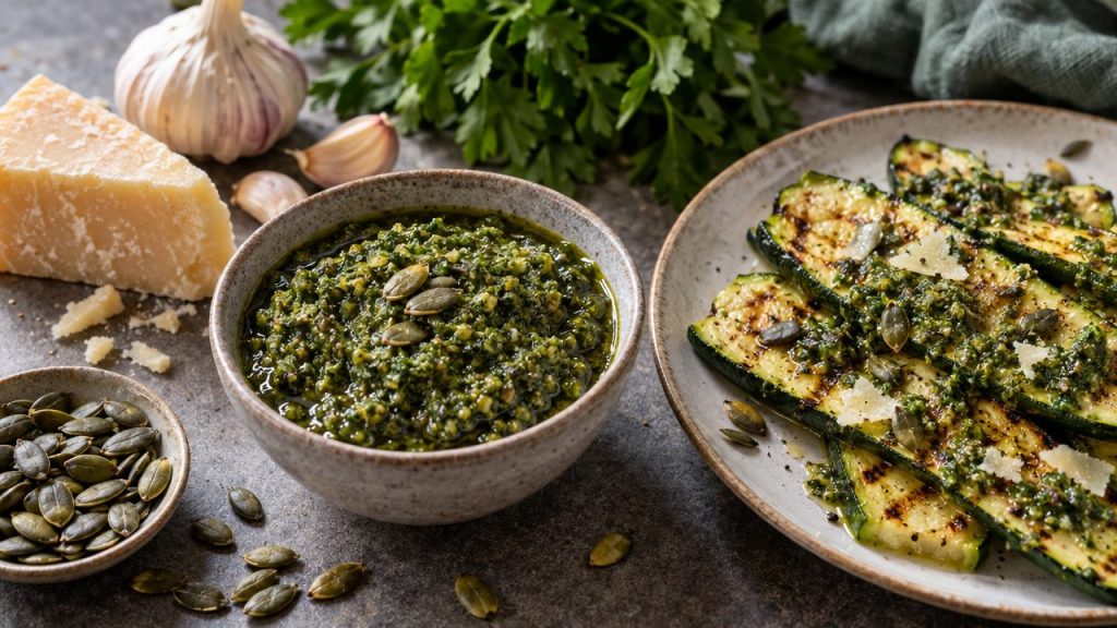 Kürbiskernpesto Pumpkin Seed Pesto, plated and ready to serve