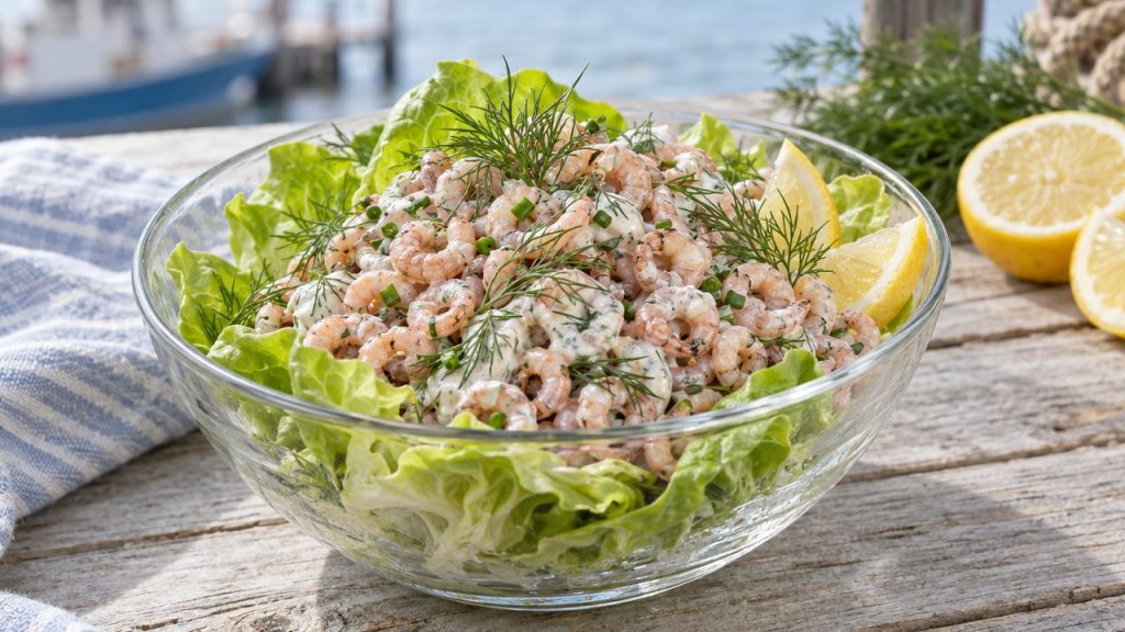 Nordseekrabbensalat North Sea Shrimp Salad, plated and ready to serve