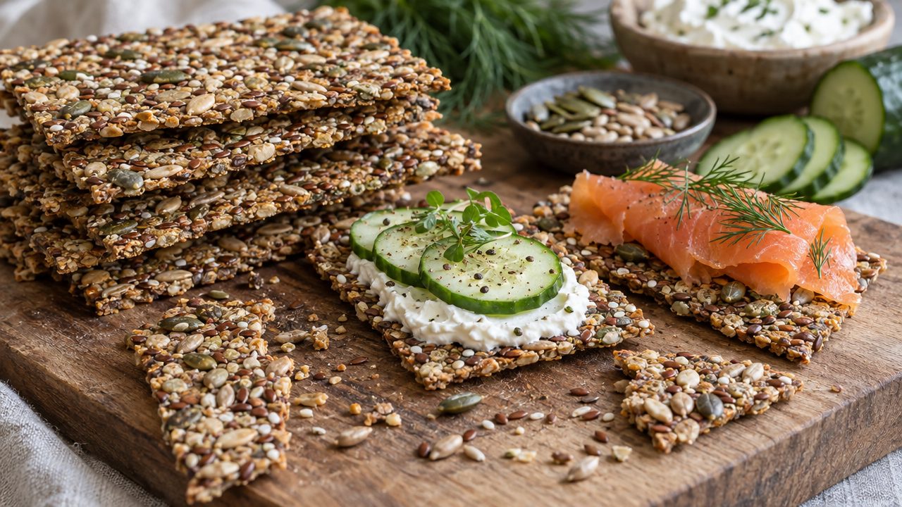 Nut & Seed Knäckebrot Crispbread, plated and ready to serve