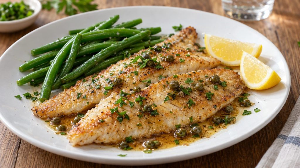 Pan-Fried Plaice with Brown Butter & Capers, plated and ready to serve