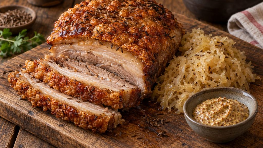 Pork Belly Schweinshaxe Style, plated and ready to serve