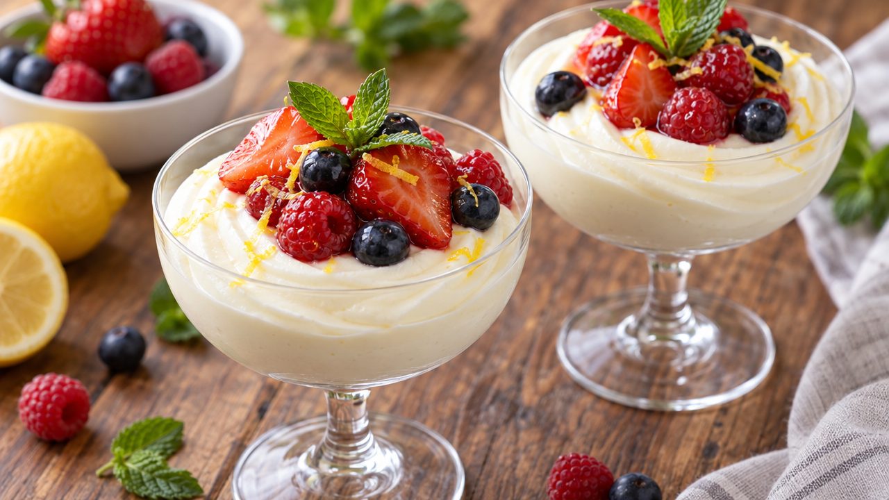 Quark Mousse with Macerated Berries, plated and ready to serve