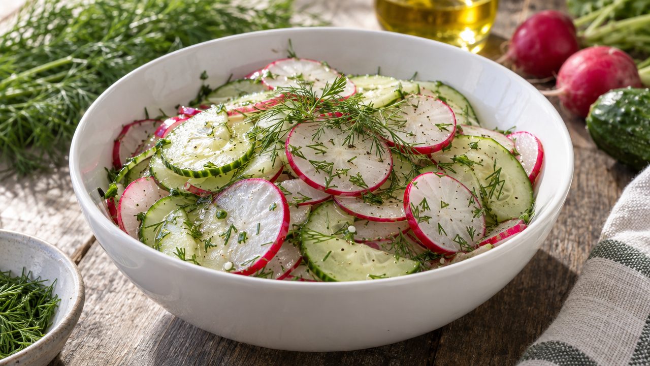 Radish & Cucumber Salat with Dill Vinaigrette, plated and ready to serve