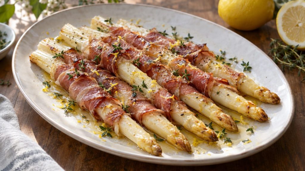 Roasted White Asparagus with Prosciutto, plated and ready to serve