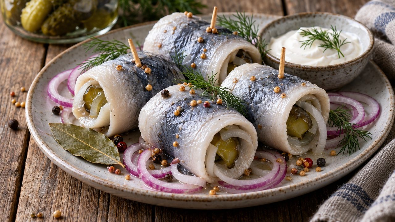 Rollmops Pickled Herring Rolls, plated and ready to serve