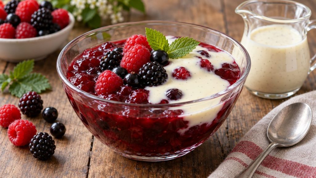 Rote Grütze Red Berry Pudding, plated and ready to serve