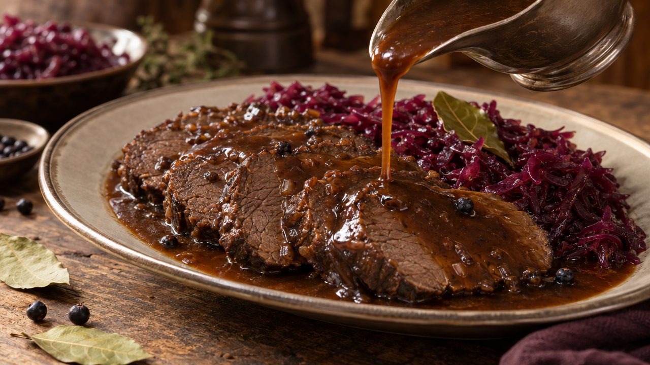 Sauerbraten Gravy, plated and ready to serve