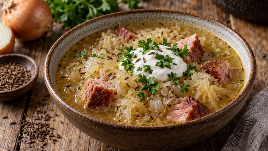 Sauerkraut Suppe with Caraway, plated and ready to serve