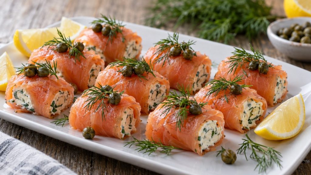 Smoked Salmon Cream Cheese Rolls, plated and ready to serve