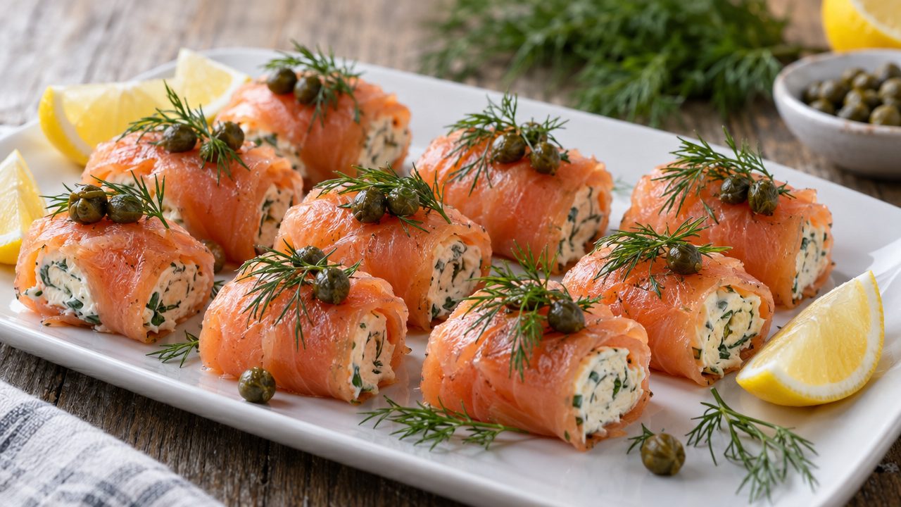 Smoked Salmon Cream Cheese Rolls, plated and ready to serve