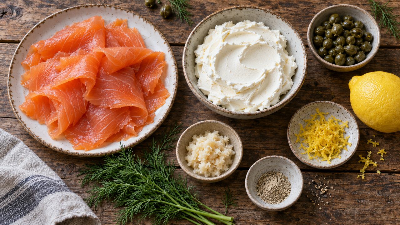 Ingredients for Smoked Salmon Cream Cheese Rolls