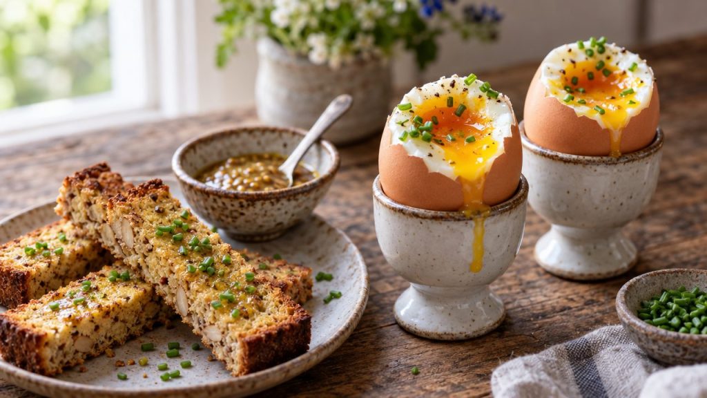 Soft-Boiled Eggs with Mustard-Butter Soldiers, plated and ready to serve