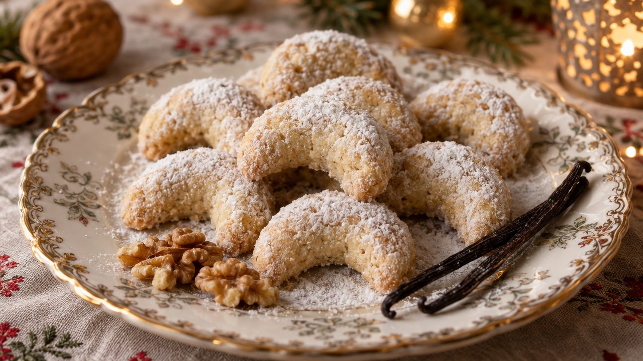 Vanillekipferl Vanilla Crescents, plated and ready to serve