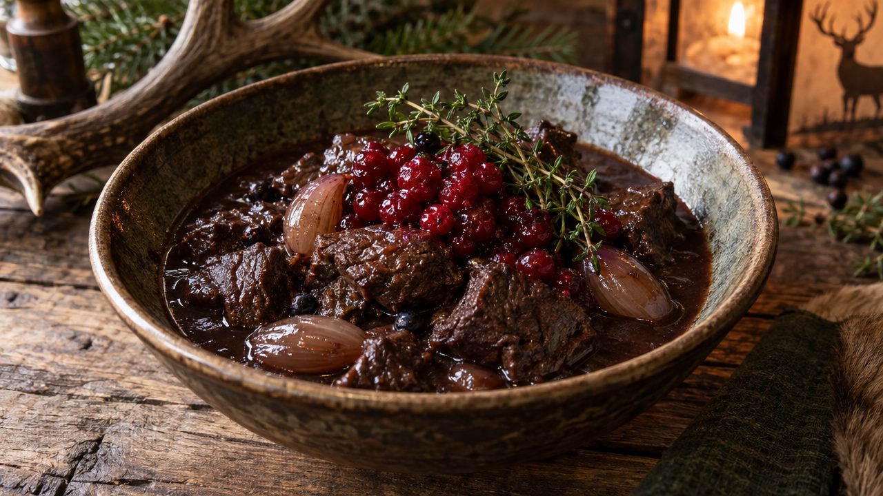 Venison Ragout with Juniper & Lingonberry, plated and ready to serve
