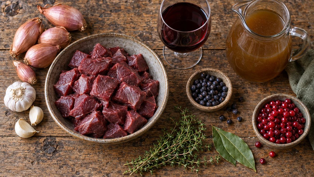 Ingredients for Venison Ragout with Juniper & Lingonberry