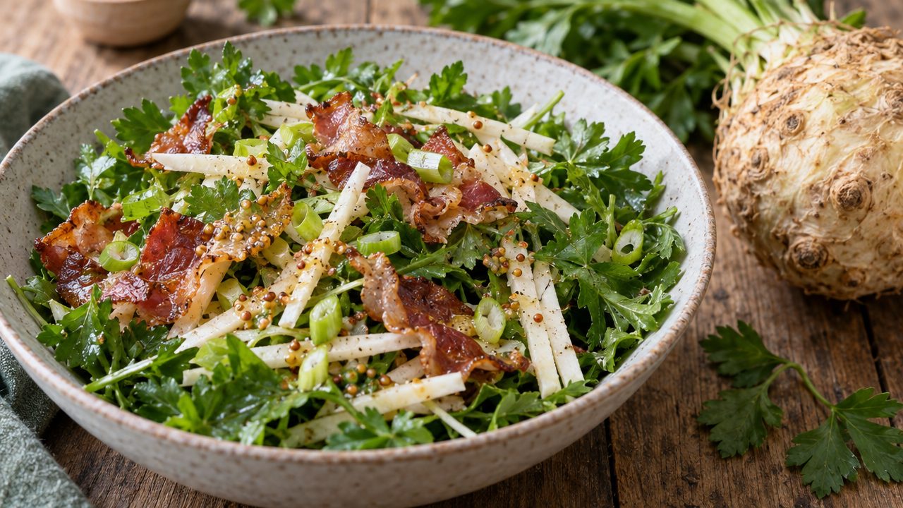 Warm Speck & Celeriac Salad, plated and ready to serve