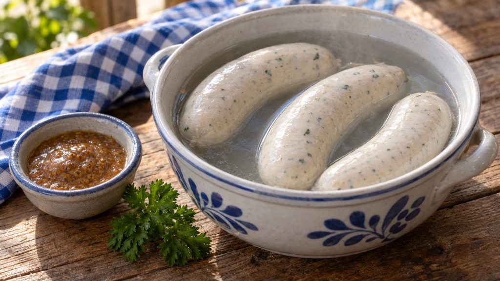 Weißwurst with Sweet Mustard, plated and ready to serve