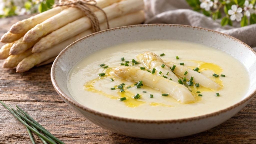 White Asparagus Cream Soup, plated and ready to serve