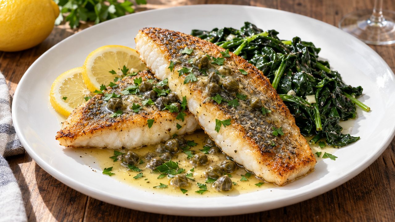 Zander Fillet with Lemon Caper Butter, plated and ready to serve