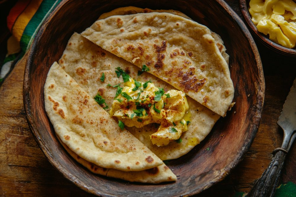 Ethiopian Chechebsa-less Almond Flatbread & Spiced Butter, plated and ready to serve