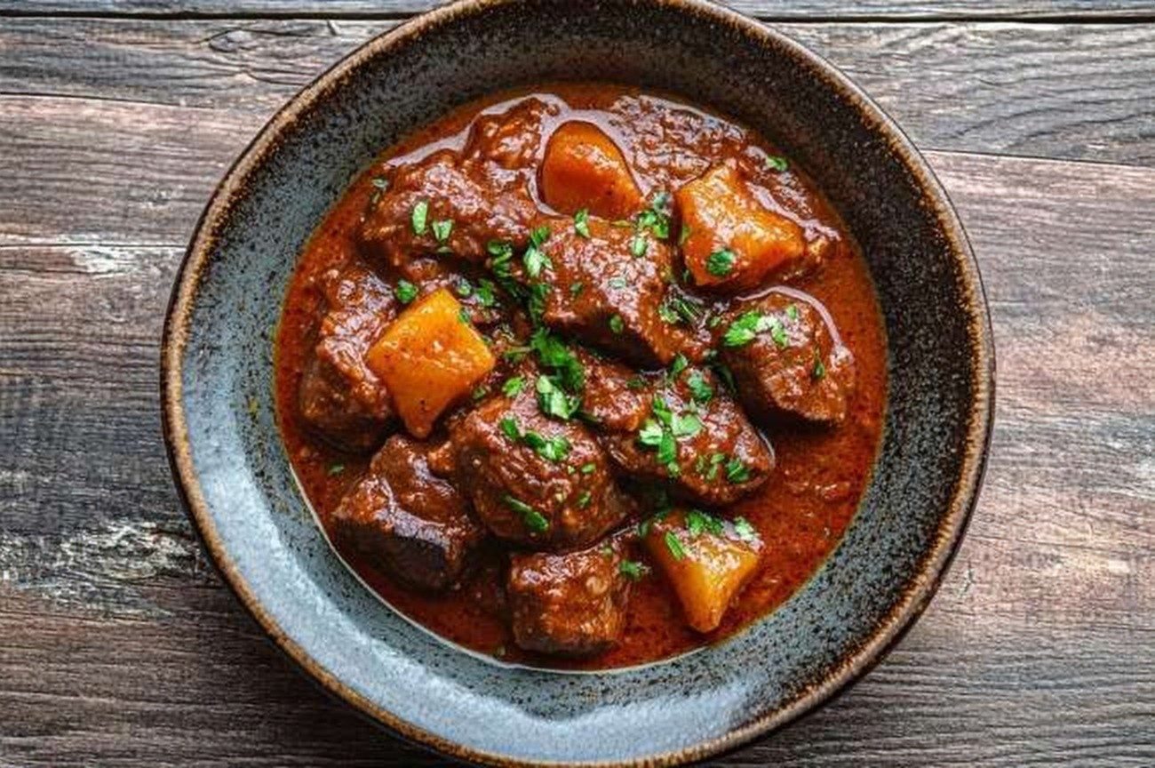 Ethiopian Beef Wat, Berbere-Braised, plated and ready to serve