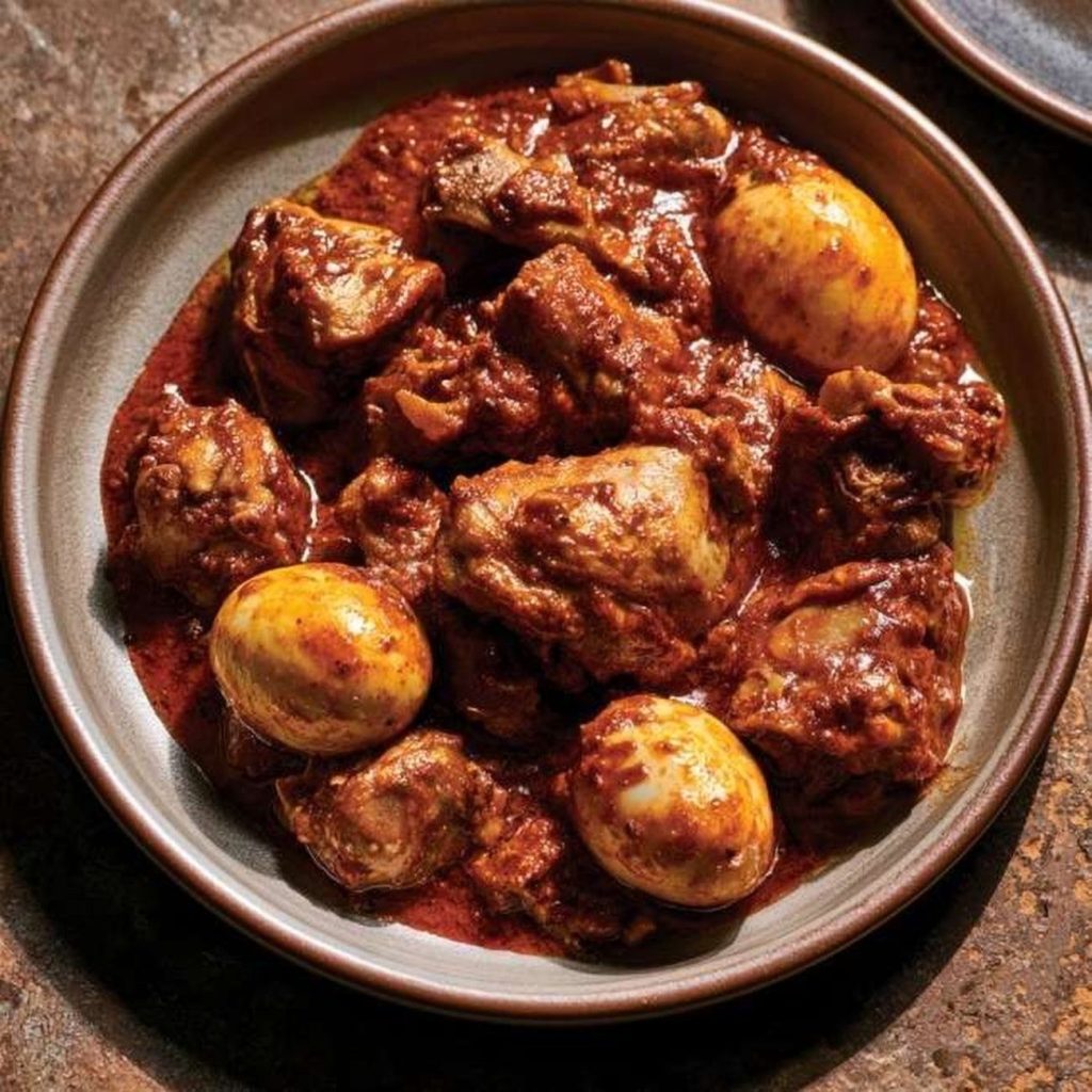 Ethiopian Doro Wat, Berbere-Spiced Chicken Stew, plated and ready to serve