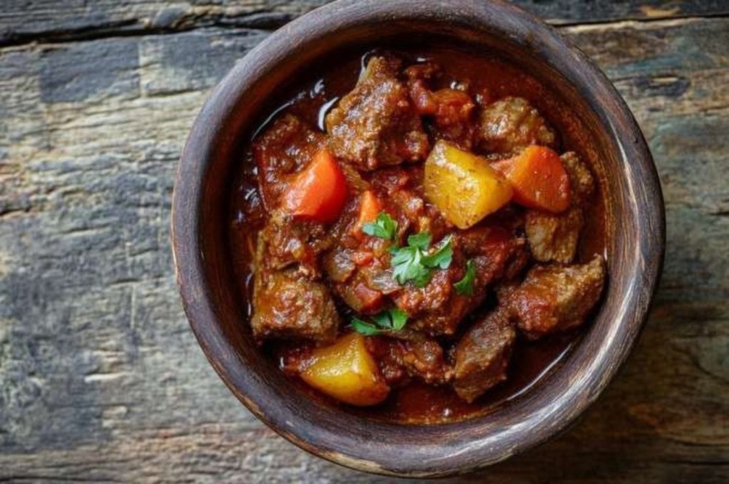 Ethiopian Goat Wat, Berbere-Spiced, plated and ready to serve