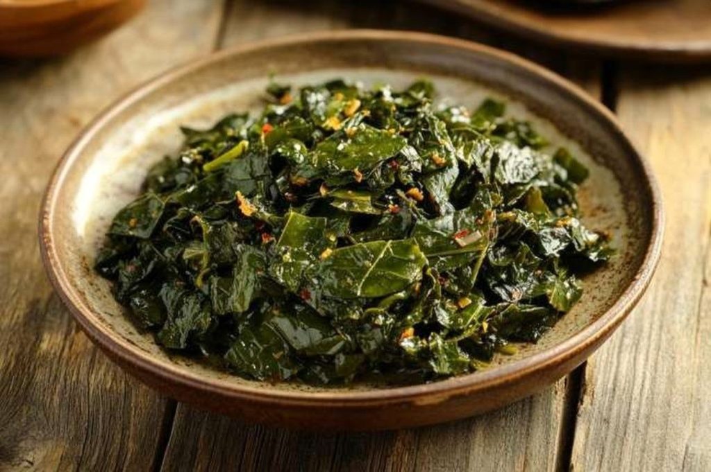 Ethiopian Gomen (Collard Greens), plated and ready to serve