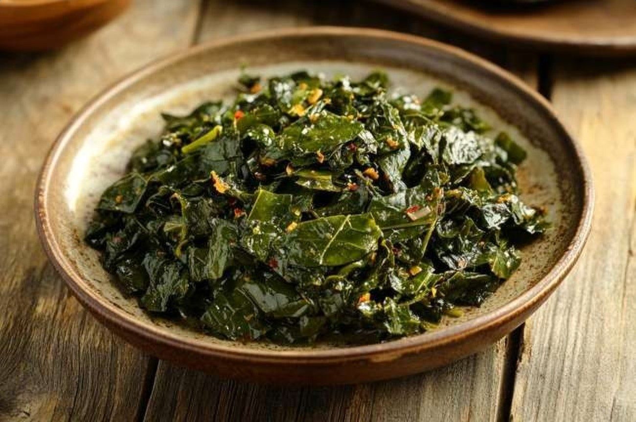 Ethiopian Gomen (Collard Greens), plated and ready to serve