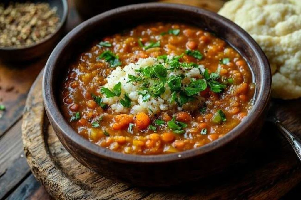 Ethiopian Misir Wat, Cauliflower Lentil-Free Stew, plated and ready to serve