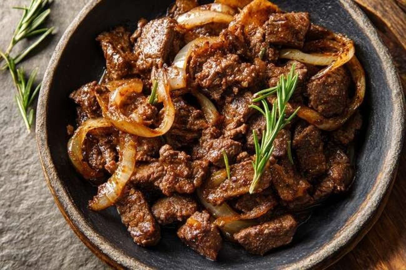 Ethiopian Tibs, Sautéed Beef, Berbere-Spiced, plated and ready to serve