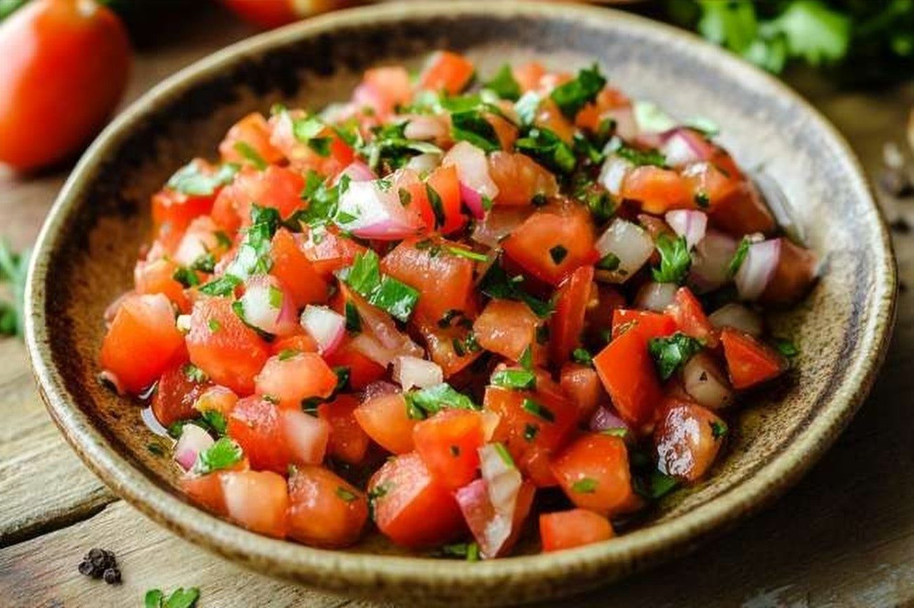 Ethiopian Timatim Salata (Tomato Salad), plated and ready to serve