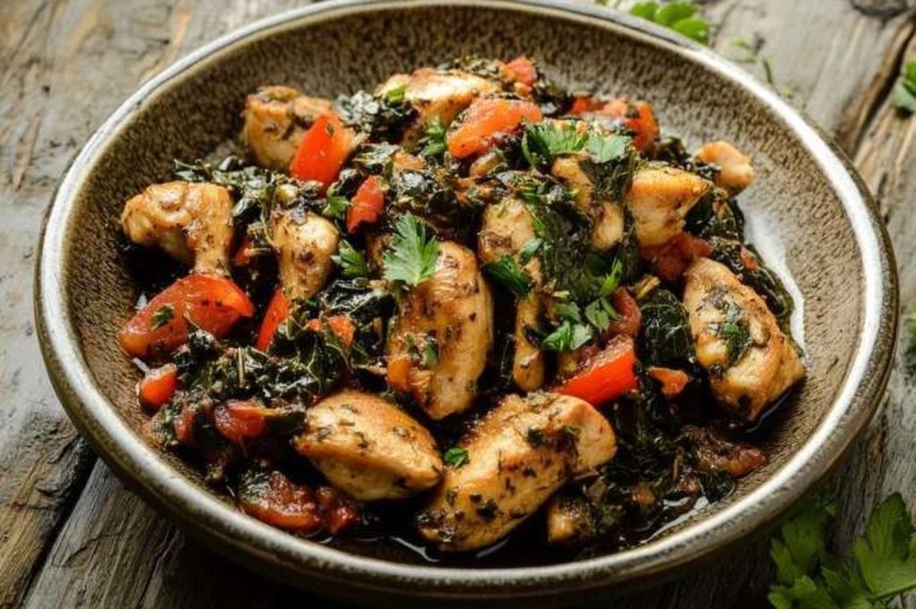 Kenyan Chicken & Sukuma Wiki Skillet, plated and ready to serve