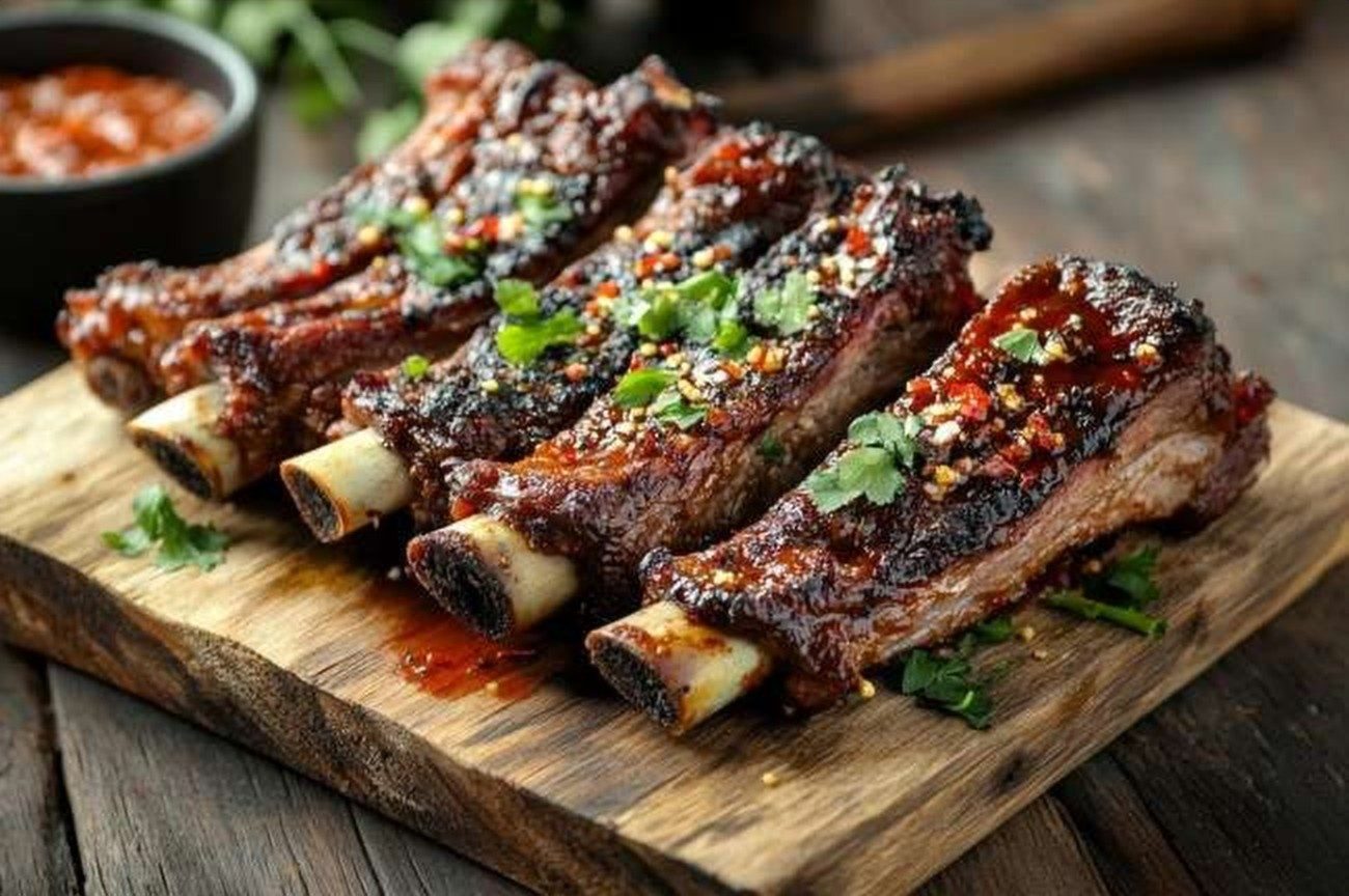 Kenyan Grilled Beef Ribs, Pili Pili Marinade, plated and ready to serve