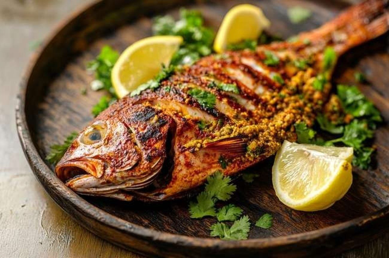 Kenyan Grilled Red Snapper, Swahili Spice, plated and ready to serve