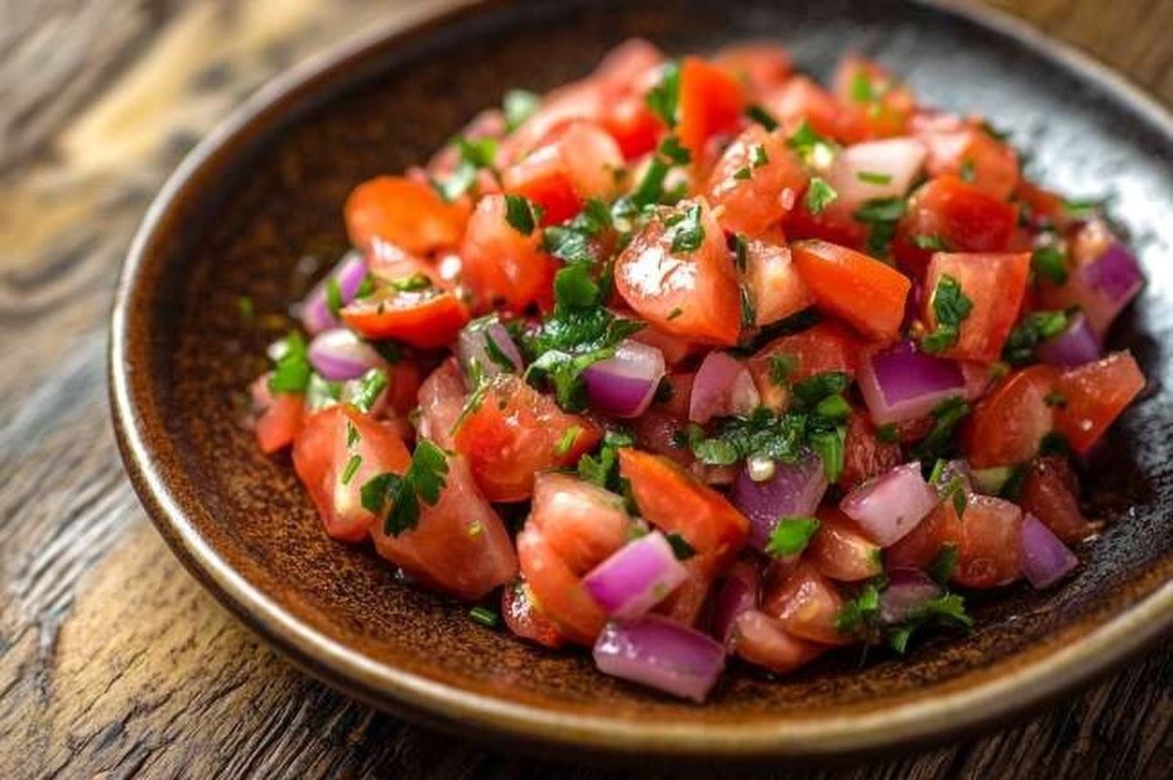 Kenyan Kachumbari (Tomato & Onion Salad), plated and ready to serve