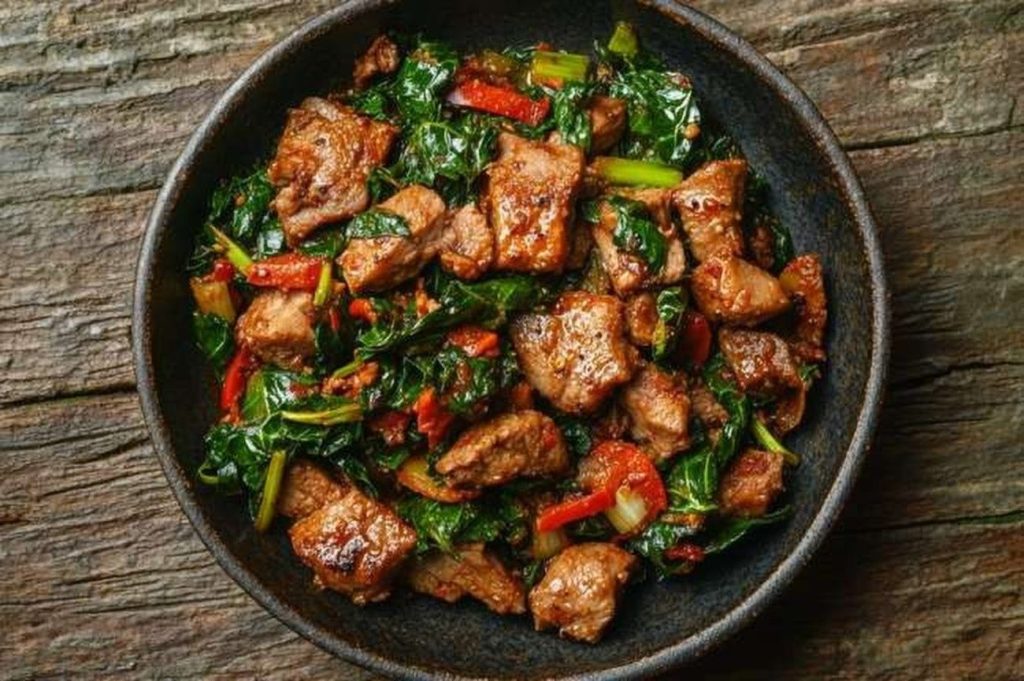 Kenyan Pork & Sukuma Wiki Skillet, plated and ready to serve