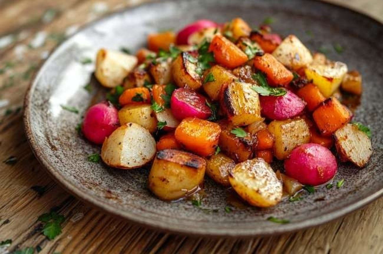 Kenyan Roasted Root Vegetables, Rift Valley Style, plated and ready to serve