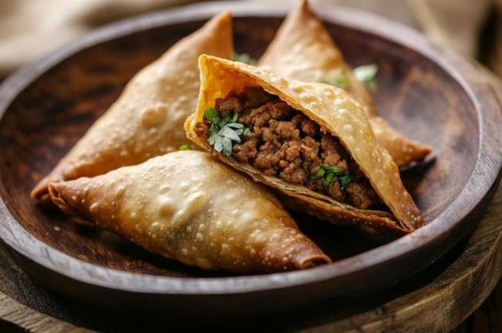 Kenyan Samosa, Almond Crust, plated and ready to serve