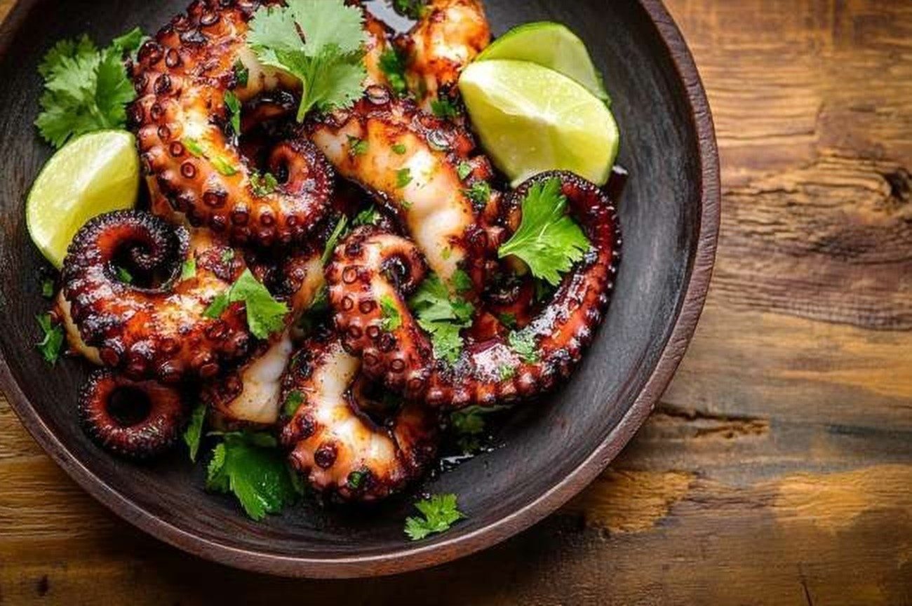 Tanzanian Grilled Octopus, Zanzibar Style, plated and ready to serve