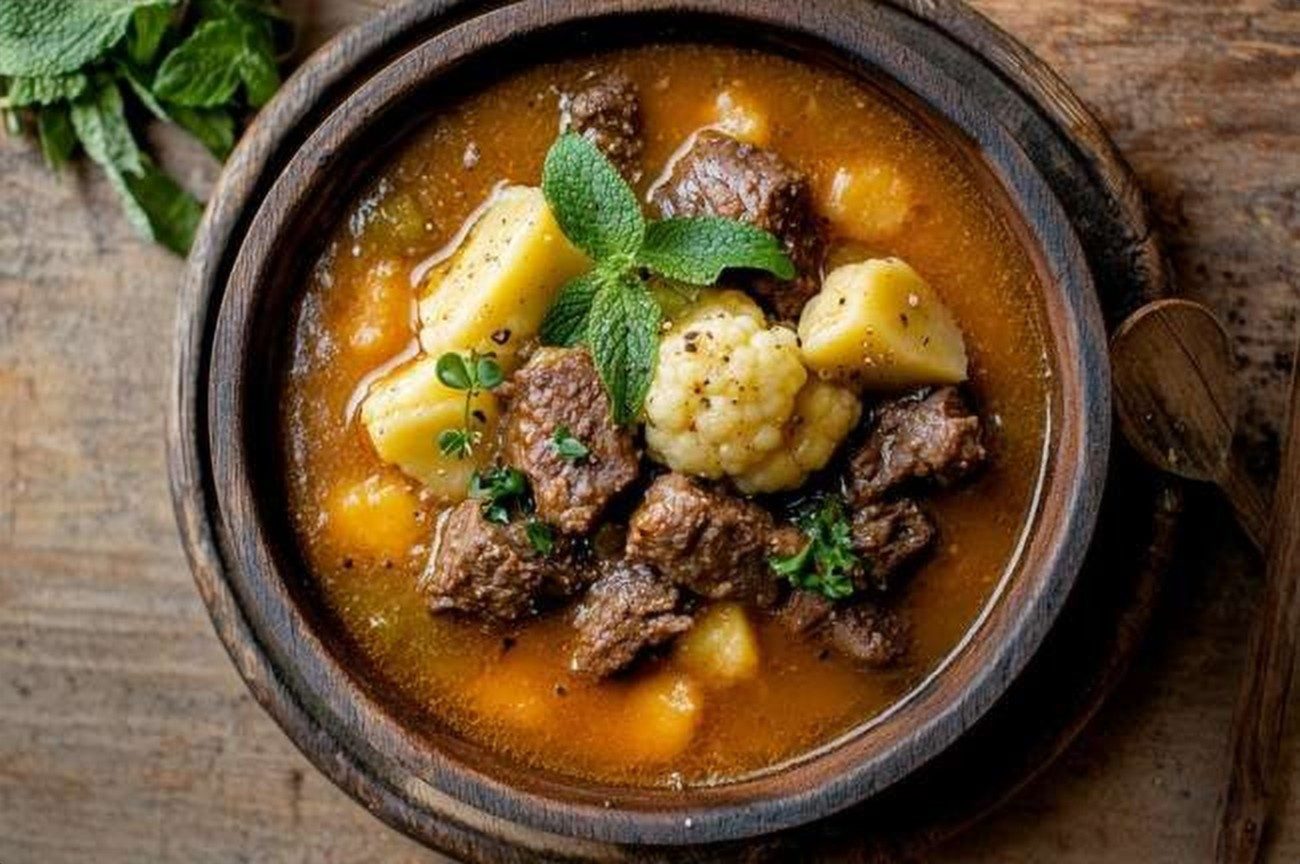 Tanzanian Mtori, Beef & Cauliflower Soup, plated and ready to serve