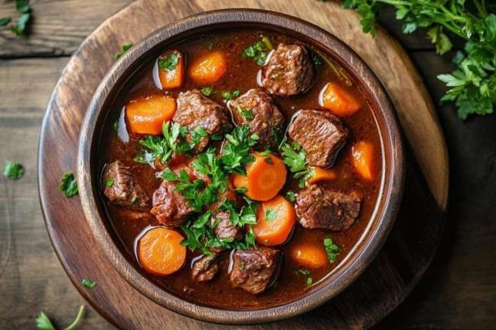 Ugandan Beef & Herb Stew, Farmhouse Style, plated and ready to serve